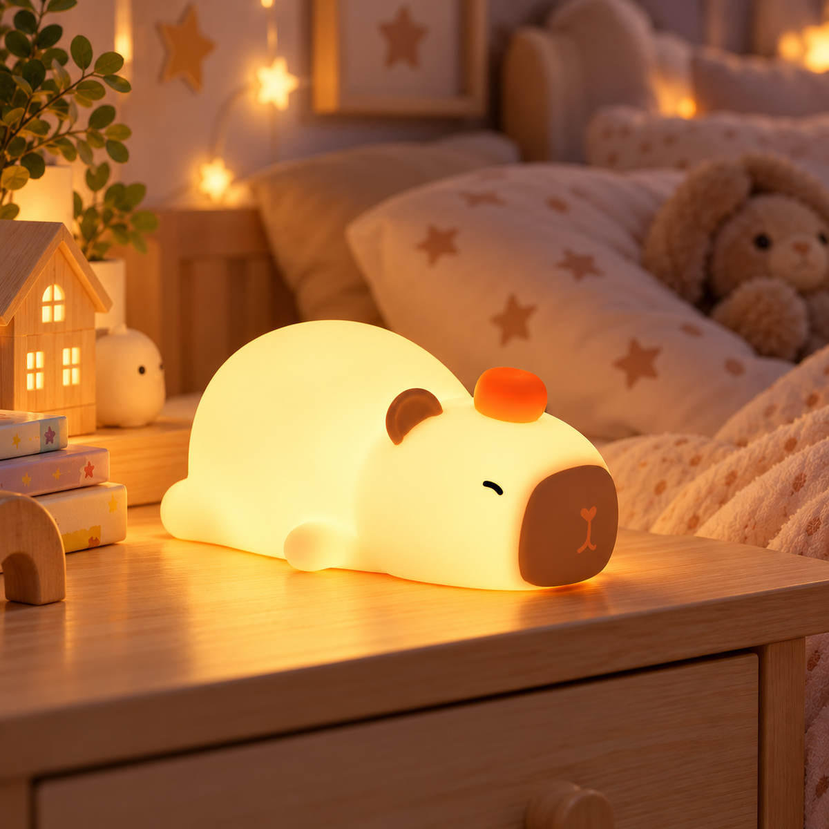 Veilleuse Capybara Silicone Rechargeable - Cloudy | Cocon de Lune - Sur une table de nuit de chambre d'enfant