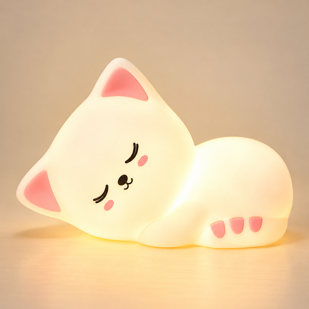 Veilleuse Chat Endormi Silicone - Ronron | Cocon de Lune - Oreilles roses 7 couleurs