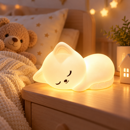 Veilleuse Chat Endormi Silicone - Ronron | Cocon de Lune - sur la table de nuit