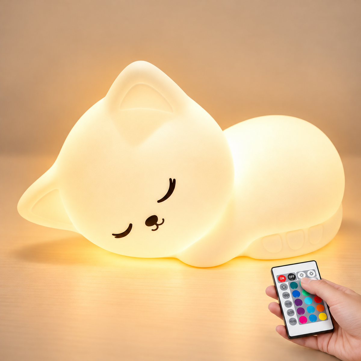 Veilleuse Chat Endormi Silicone - Ronron | Cocon de Lune - Blanc 16 couleurs avec télécommande
