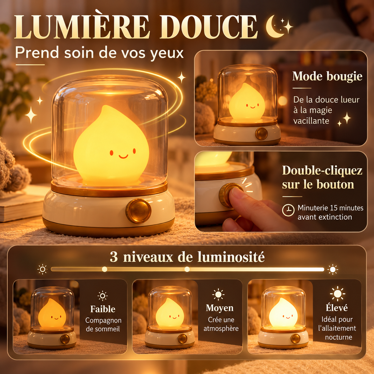 Veilleuse Goutte sous Cloche Rechargeable - Marshmallow | Cocon de Lune - 3 niveaux de lumière et minuterie