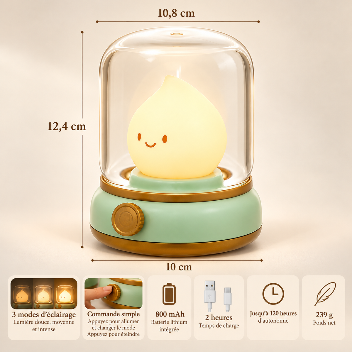Veilleuse Goutte sous Cloche Rechargeable - Marshmallow | Cocon de Lune - Dimensions et fonctions