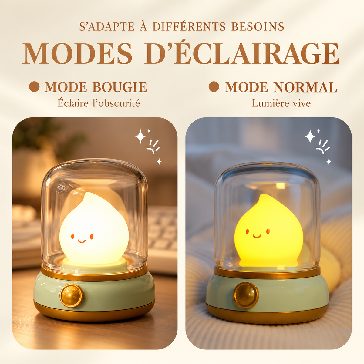 Veilleuse Goutte sous Cloche Rechargeable - Marshmallow | Cocon de Lune - Mode bougie et mode normal
