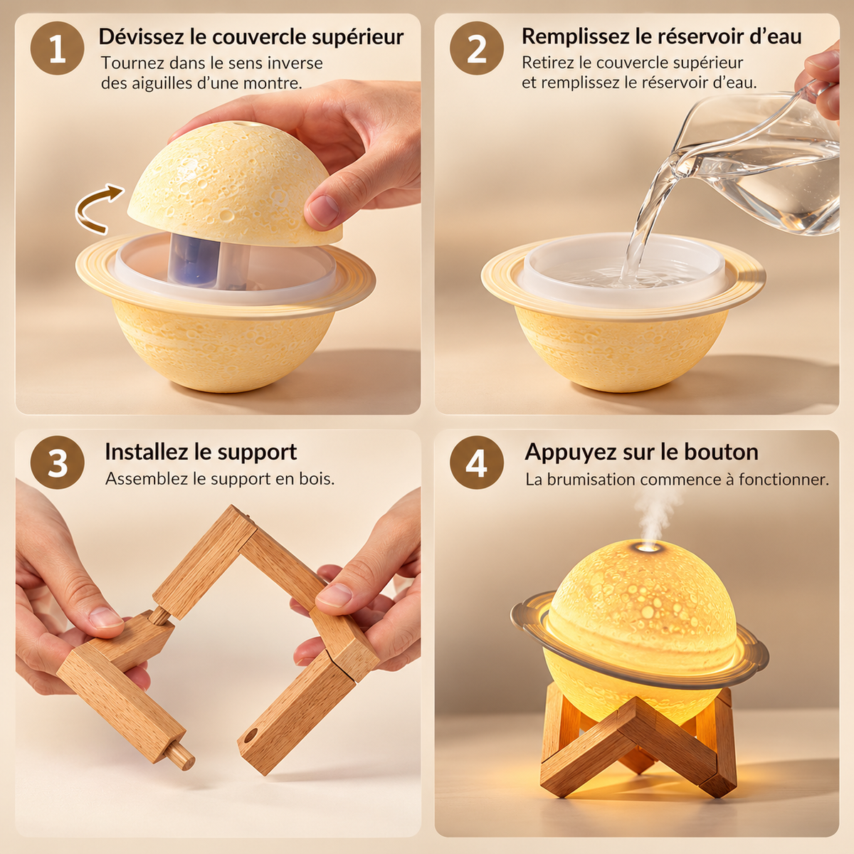 Veilleuse Humidificateur Planète - LunaPop | Cocon de Lune - Mode d'emploi en 4 étapes