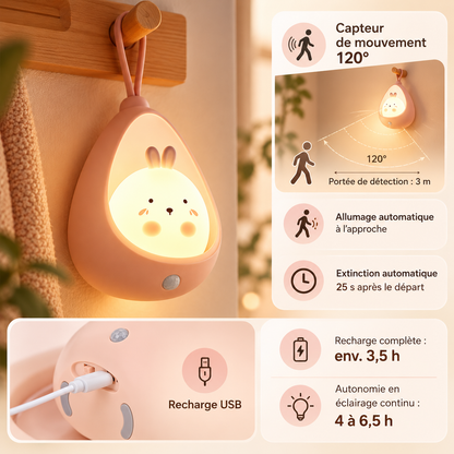 Veilleuse Lapin à Détecteur de Mouvement - KidDream | Cocon de Lune - Détecteur 120° et recharge USB