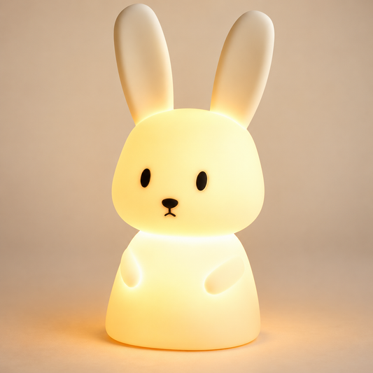 Veilleuse Lapin Silicone Tactile - Pompon | Cocon de Lune - allumée en lumière chaude