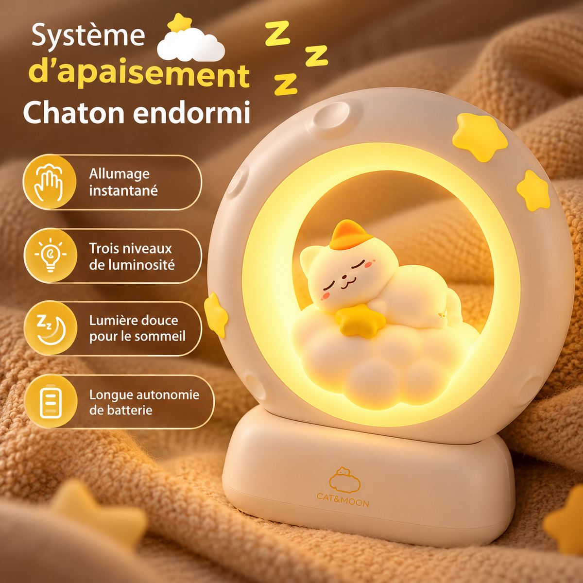 Veilleuse Lune Chat ou Lapin Rechargeable - LittleStar | Cocon de Lune - Chat Endormi en ambiance
