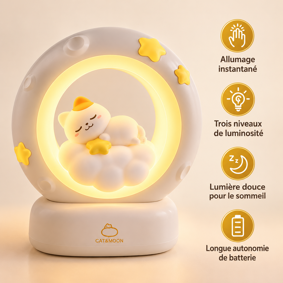 Veilleuse Lune Chat ou Lapin Rechargeable - LittleStar | Cocon de Lune - Chat Endormi et ses points forts