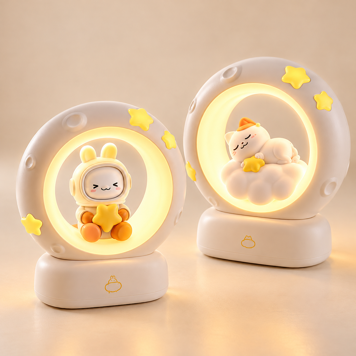 Veilleuse Lune Chat ou Lapin Rechargeable - LittleStar | Cocon de Lune - les deux modèles allumés