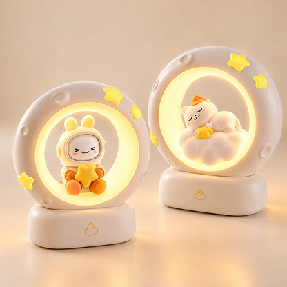 Veilleuse Lune Chat ou Lapin Rechargeable - LittleStar | Cocon de Lune - les deux modèles allumés