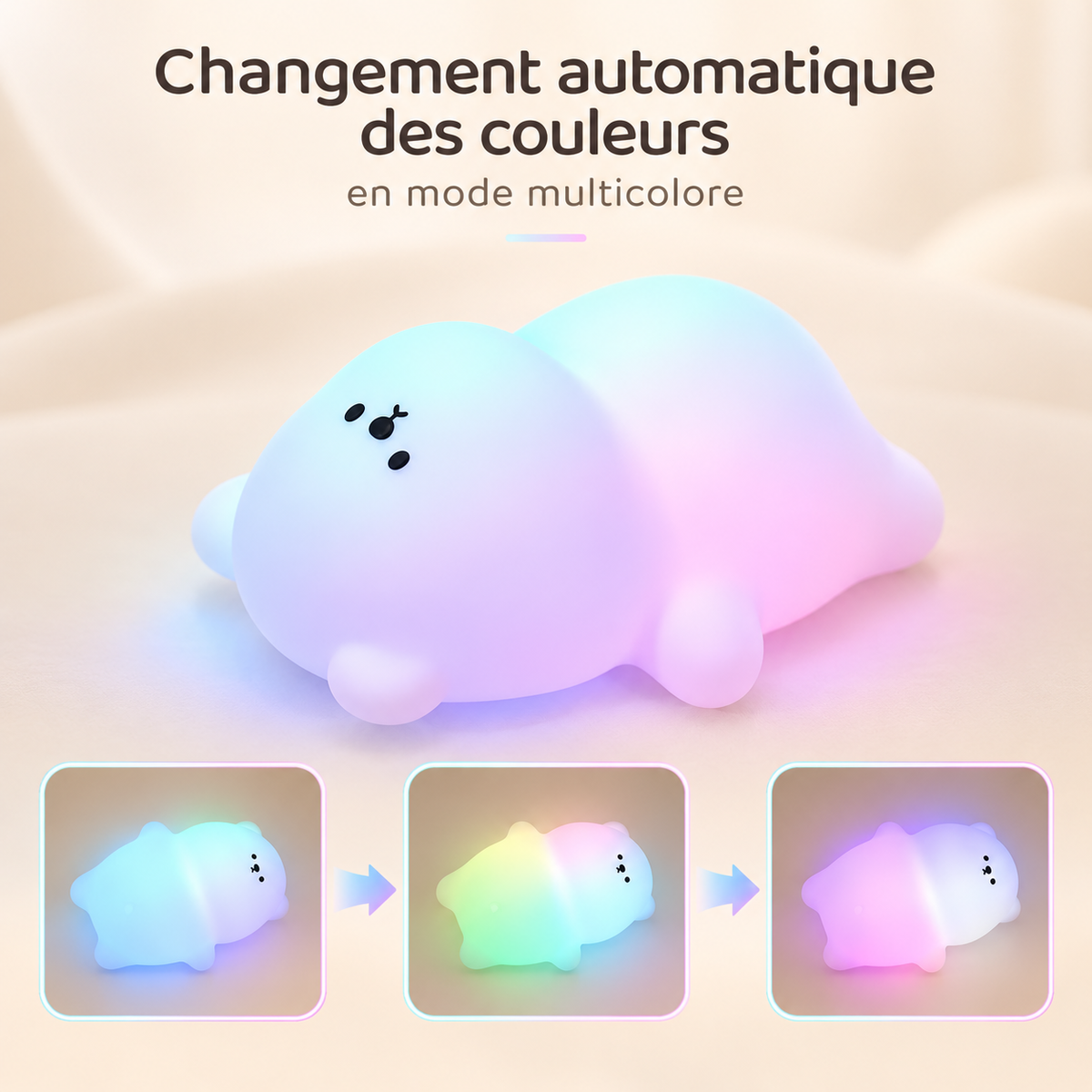 Veilleuse Ourson Silicone Tactile - MoonSoft | Cocon de Lune - Changement automatique des couleurs