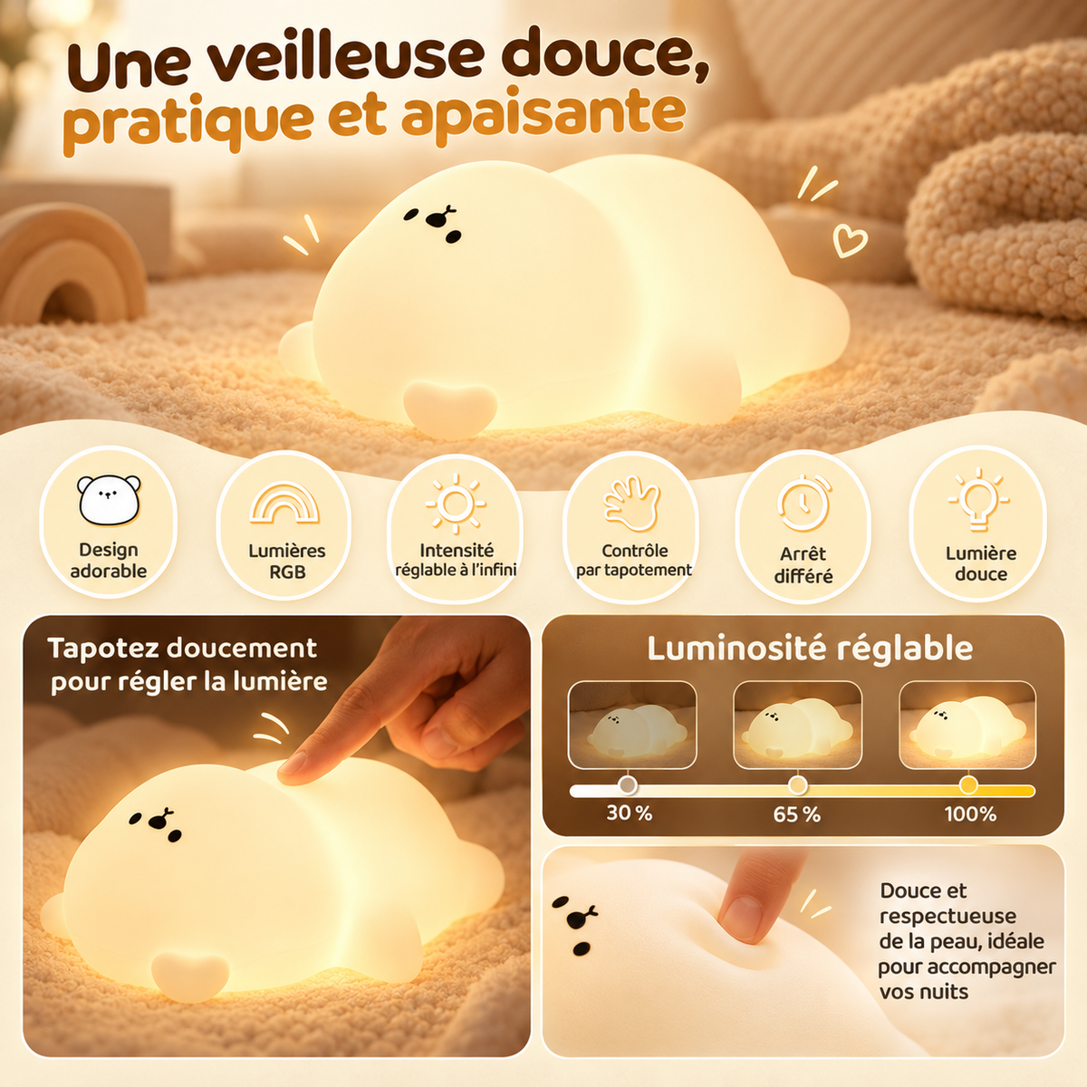 Veilleuse Ourson Silicone Tactile - MoonSoft | Cocon de Lune - Tapotement, intensité réglable et arrêt différé