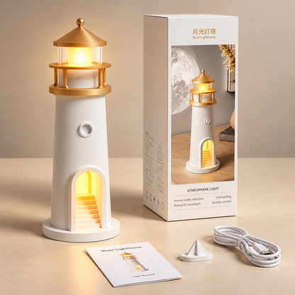 Contenu du coffret de la veilleuse phare Fanal : phare, câble USB et notice | Cocon de Lune