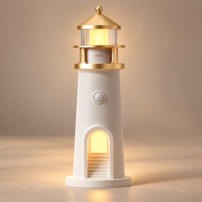 Veilleuse phare Fanal blanc et doré allumée en lumière chaude | Cocon de Lune