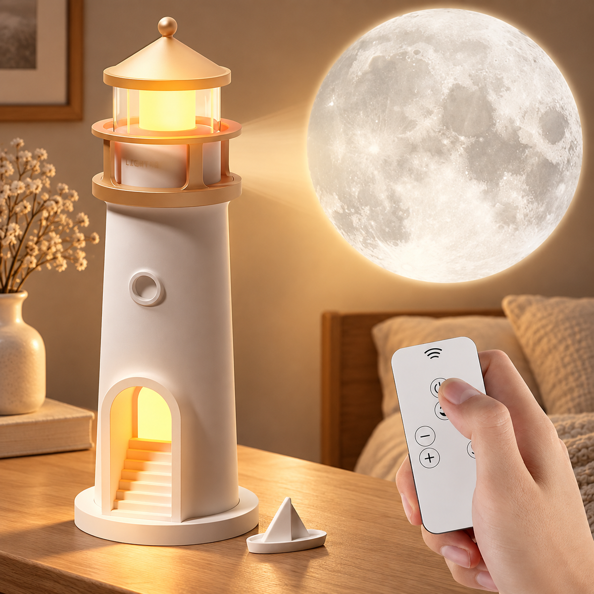 Veilleuse phare Fanal projetant une pleine lune au mur d'une chambre | Cocon de Lune