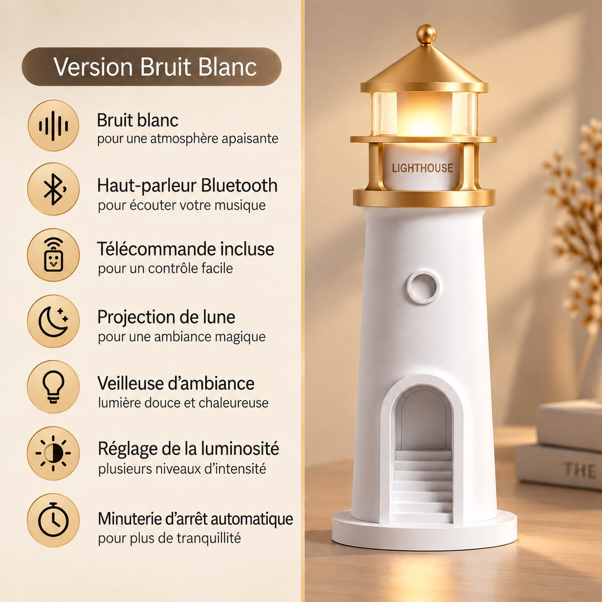Fanal version bruit blanc : enceinte Bluetooth, télécommande et projection de lune | Cocon de Lune