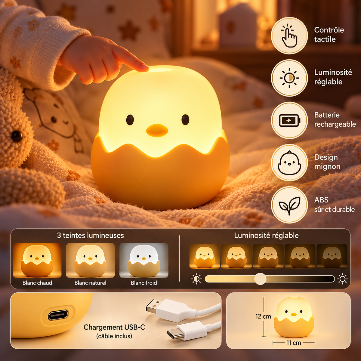 Veilleuse Poussin Tactile Rechargeable - LumiKid | Cocon de Lune - caractéristiques et dimensions