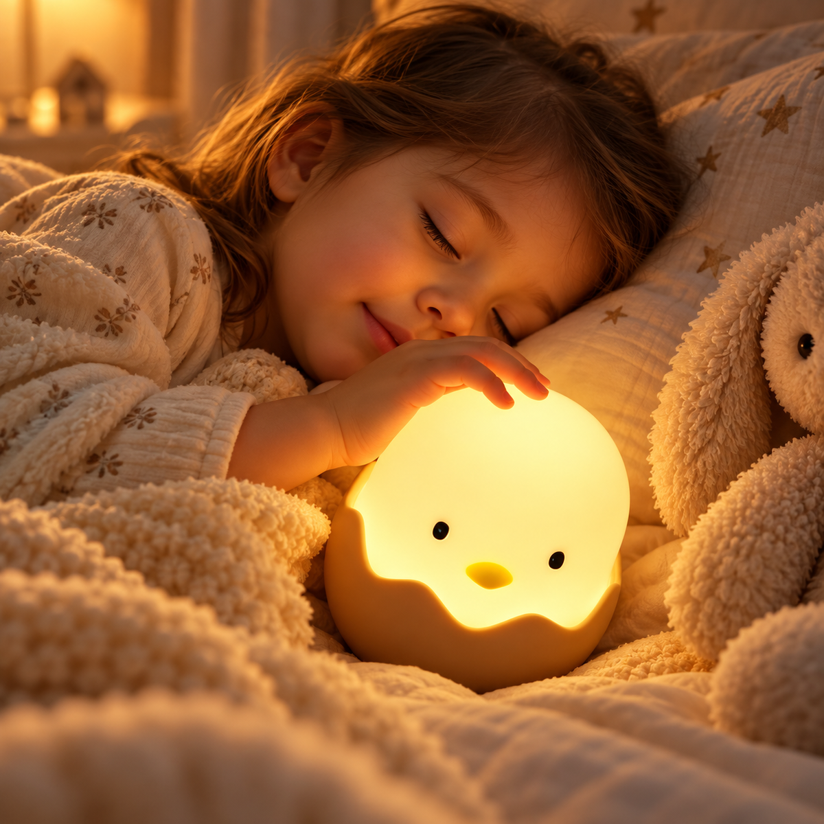 Veilleuse Poussin Tactile Rechargeable - LumiKid | Cocon de Lune - Enfant endormi près de la veilleuse