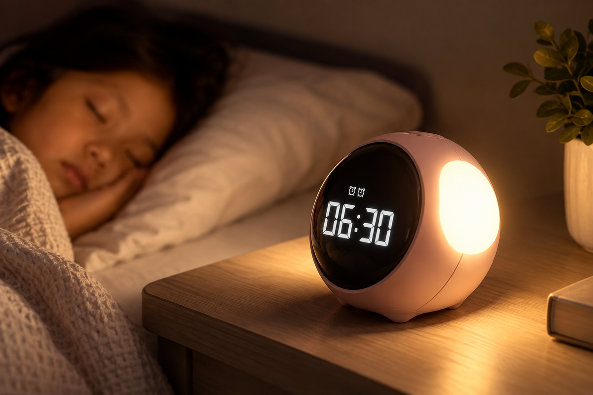 Veilleuse réveil Emoji Rose allumée sur la table de nuit d'une chambre d'enfant | Cocon de Lune
