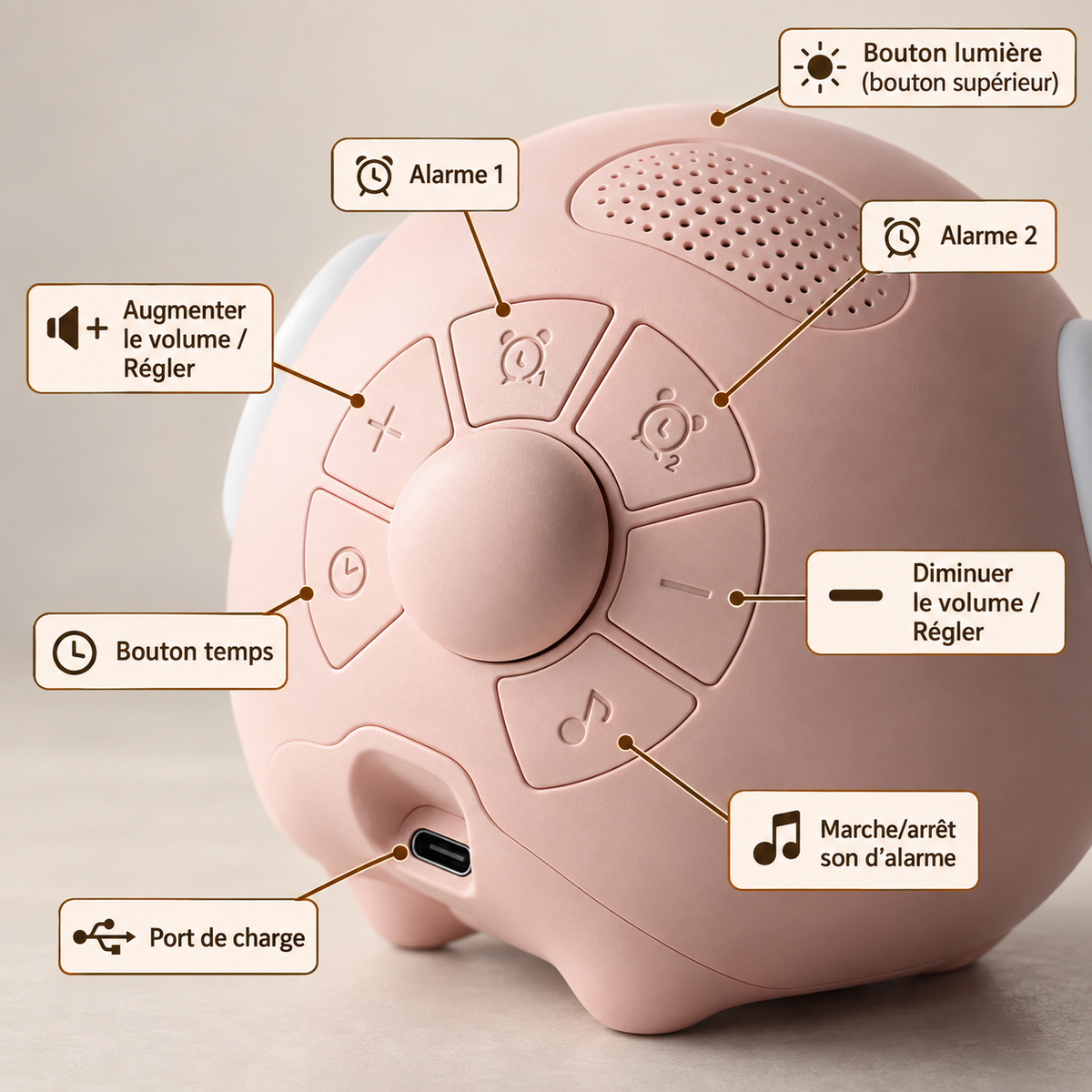 Commandes de la veilleuse réveil Emoji : 2 alarmes, volume, bouton temps, son d'alarme et port de charge | Cocon de Lune