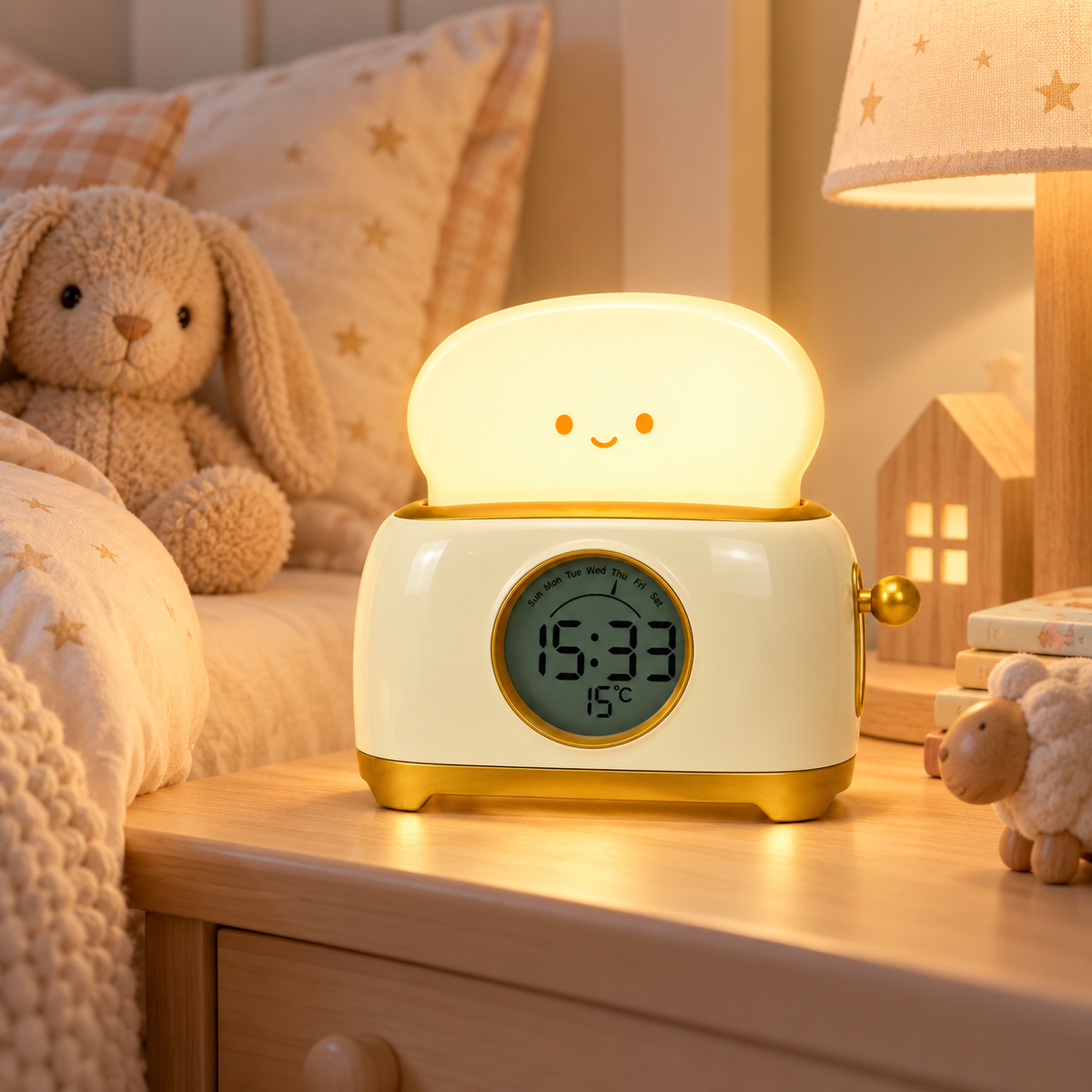 Veilleuse Réveil Grille-Pain - LumiDouce | Cocon de Lune - Sur une table de nuit de chambre d'enfant